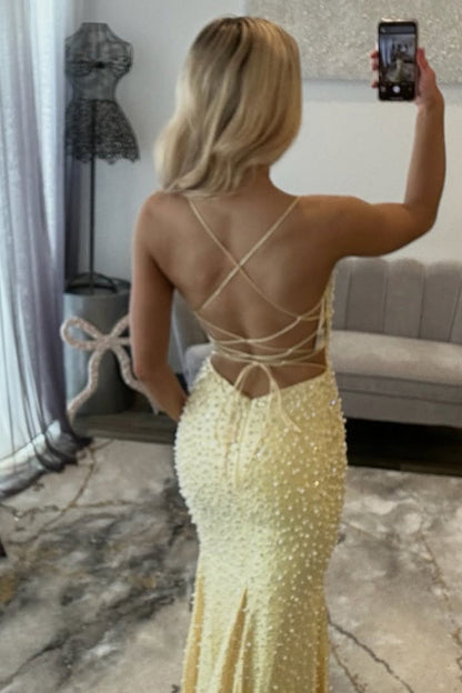 Robes de bal longues sirène en satin jaune à col en V et perles