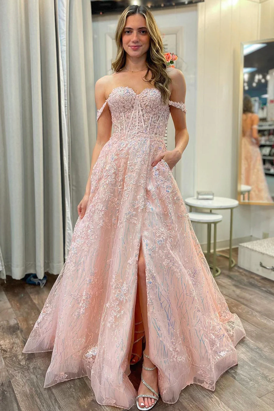 A-Line Pink Appliques Off-the-Shoulder Long Prom Dresses,BD93126