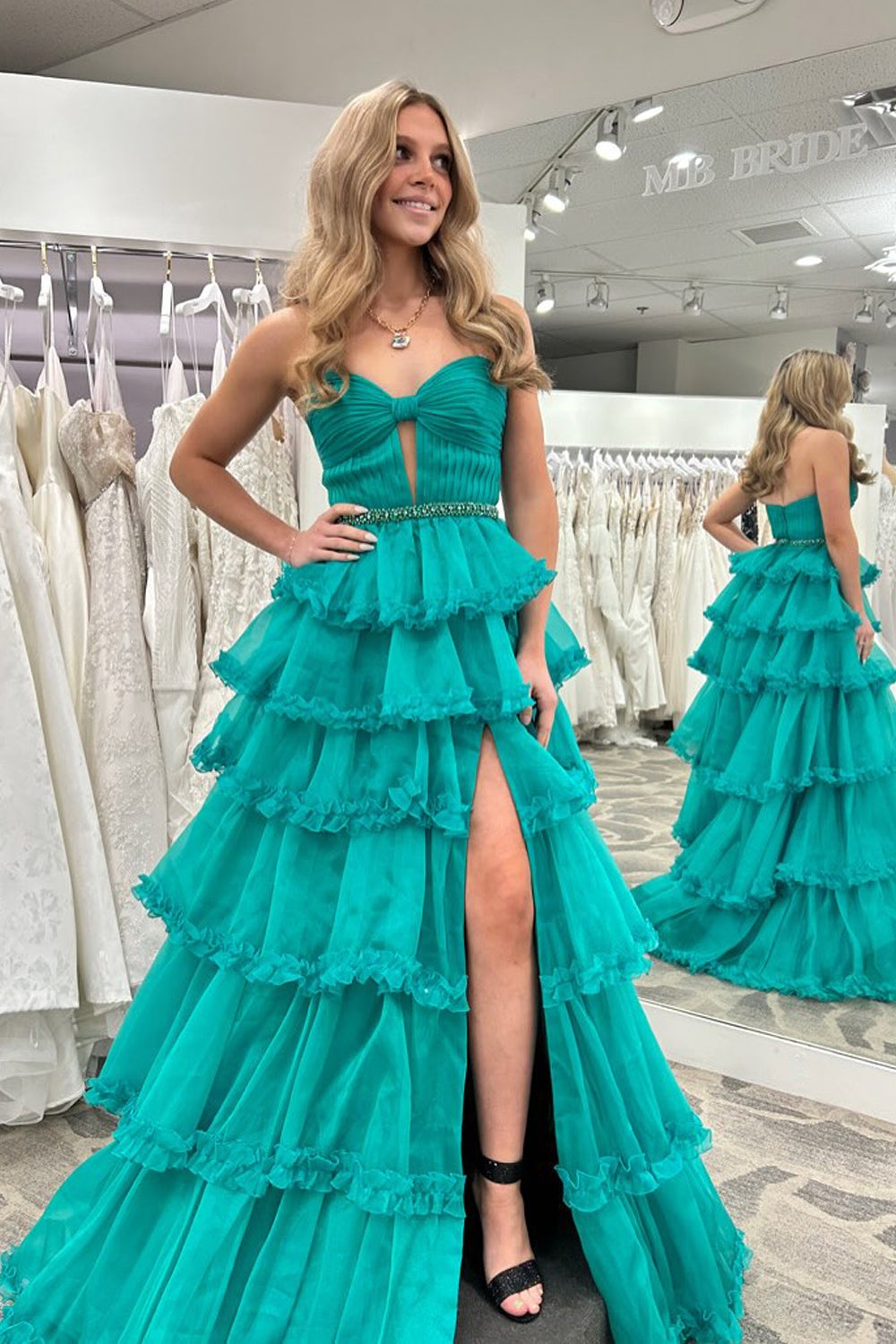 A-Line Strapless Green Ruffle Tiered Long Prom Dresses