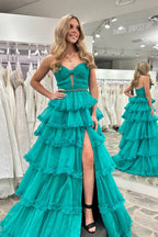 A-Line Strapless Green Ruffle Tiered Long Prom Dresses