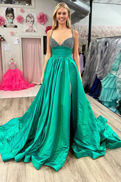 Emerald Beaded V-Neck A-Line Long Prom Dress,BD93160