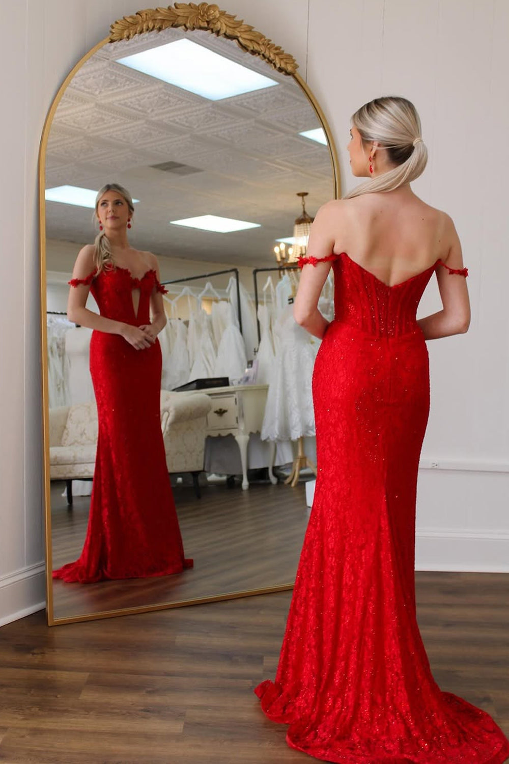 Off the Shoulder Red Lace Long Mermaid Prom Dresses
