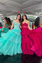 Hot Pink Long Sweetheart Tiered Tulle Prom Dresses