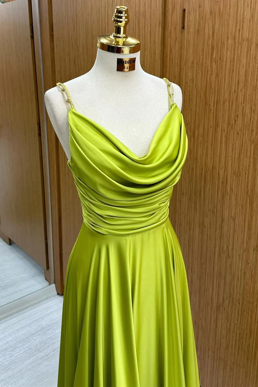 Olive Green Cowl Neck Chain Strap A-Line Long Prom Dress Green / 18 / Charmeuse