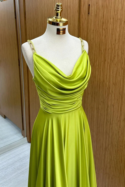 A-Line Olive Green Cowl Neck Chain Strap Long Prom Dresses,BD93123