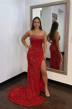 Mermaid Strapless Red Sequins Long Prom Dresses