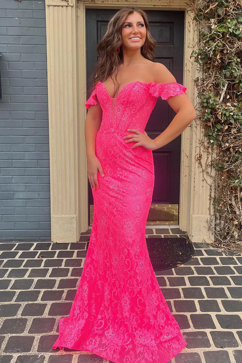 Fuchsia Off the Shoulder Lace Mermaid Long Prom Dresses – luladress