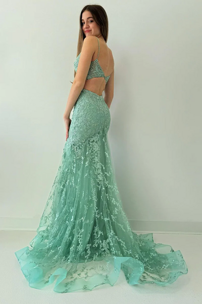 Green V Neck Lace Long Mermaid Prom Dresses,BD93234