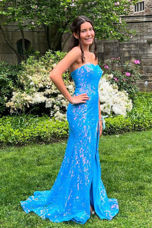 Strapless Blue Sequins Long Mermaid Prom Dresses