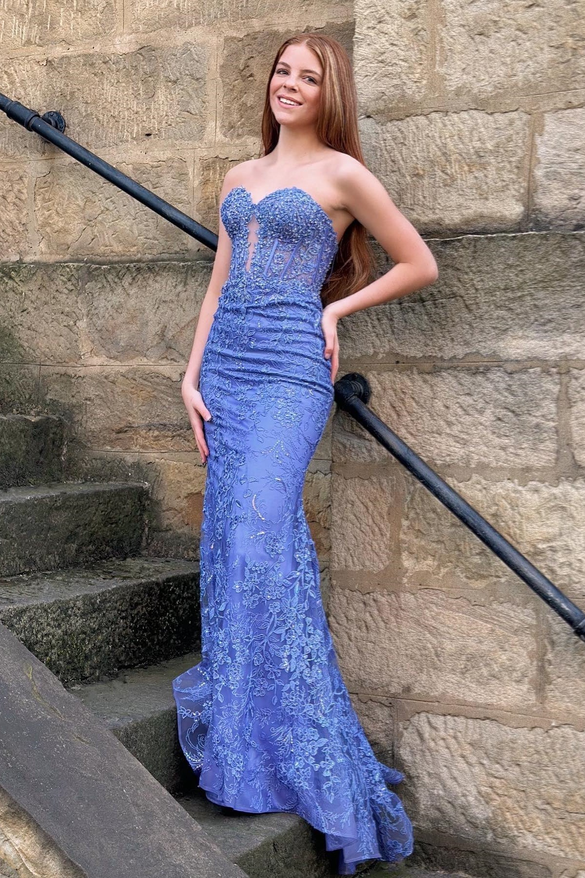 periwinkle bridesmaid dress Periwinkle Strapless Floral Mermaid Long Prom Dress – luladress