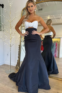 Black Strapless Satin Long Mermaid Prom Dress,BD93089