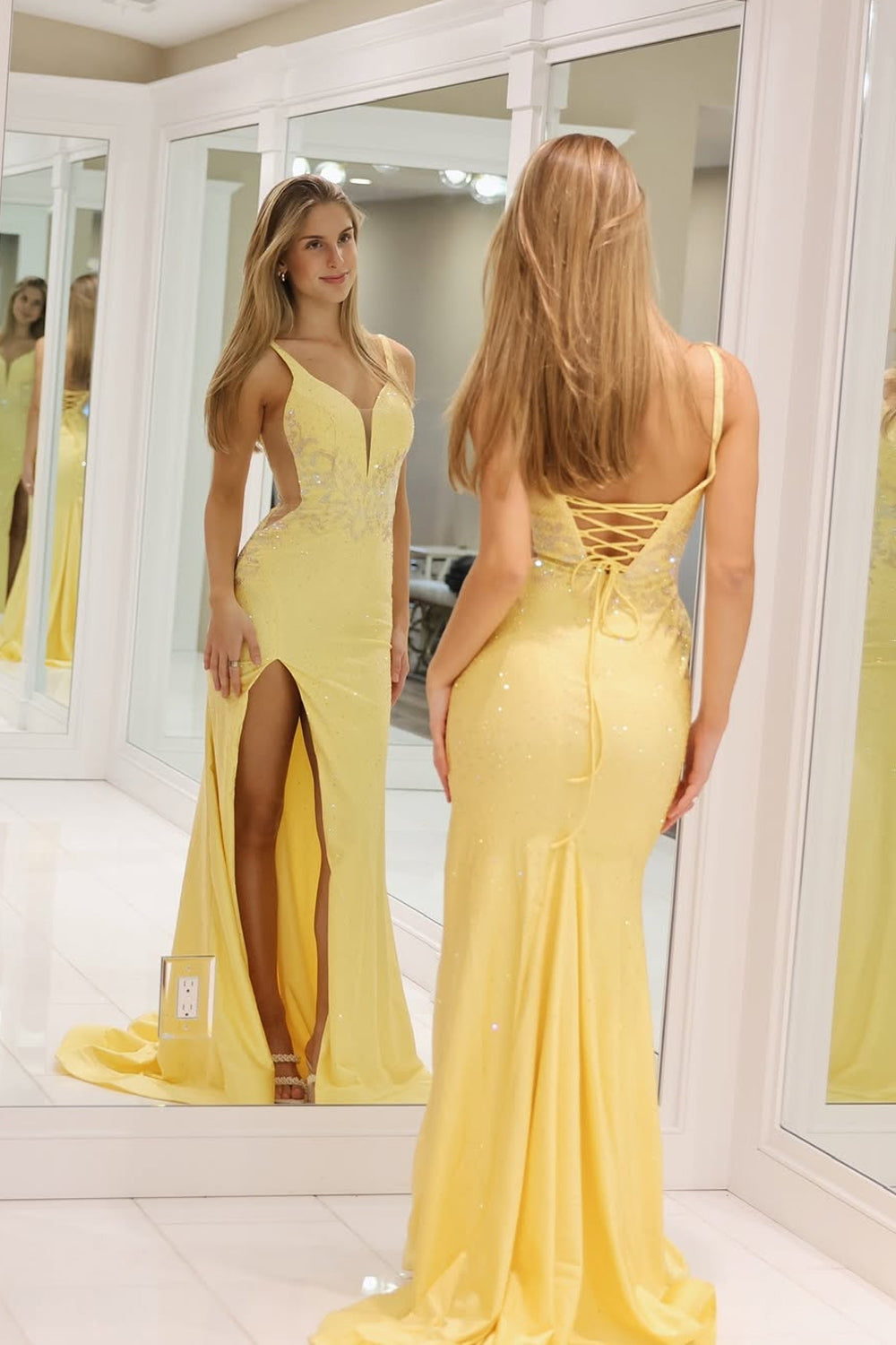 Mermaid V Neck Yellow Satin Long Prom Dresses