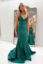 V Neck Mermaid Dark Green Satin Long Prom Dress