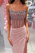 Mermaid Strapless Pink Sequins Long Prom Dresses
