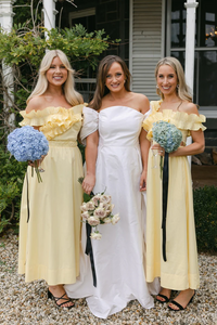 Yellow Off the Shoulder Ruffle Satin Ankle Length Bridesmaid Dresses,BD240802