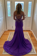Mermaid V Neck Purple Satin Prom Dresses