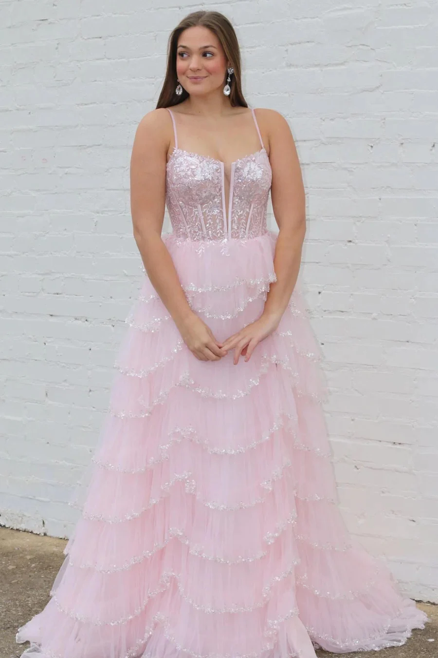 Lace Spaghetti Strap Ruffle Pink Sequin Tiered Long Prom Dresses