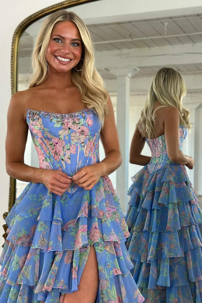 Robe de bal longue en mousseline de soie à volants étagés, bustier sans bretelles et imprimé floral rose A-line