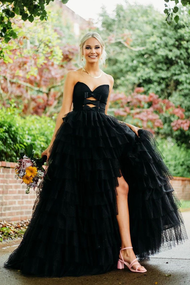 Black Strapless Ruffle Tiered Tulle Long Prom Dresses Pic Color / Custom Size