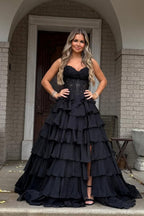 Chiffon A Line Sweetheart Neck Black Tiered Prom Dresses