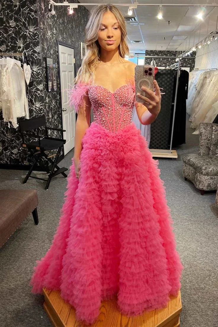 Beaded Feather Long Off-the-Shoulder Tiered Prom Dresses