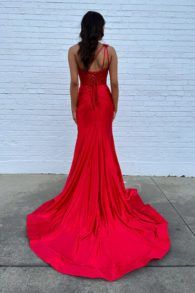 Red One Shoulder Satin Mermaid Long Prom Dresses,BD93331