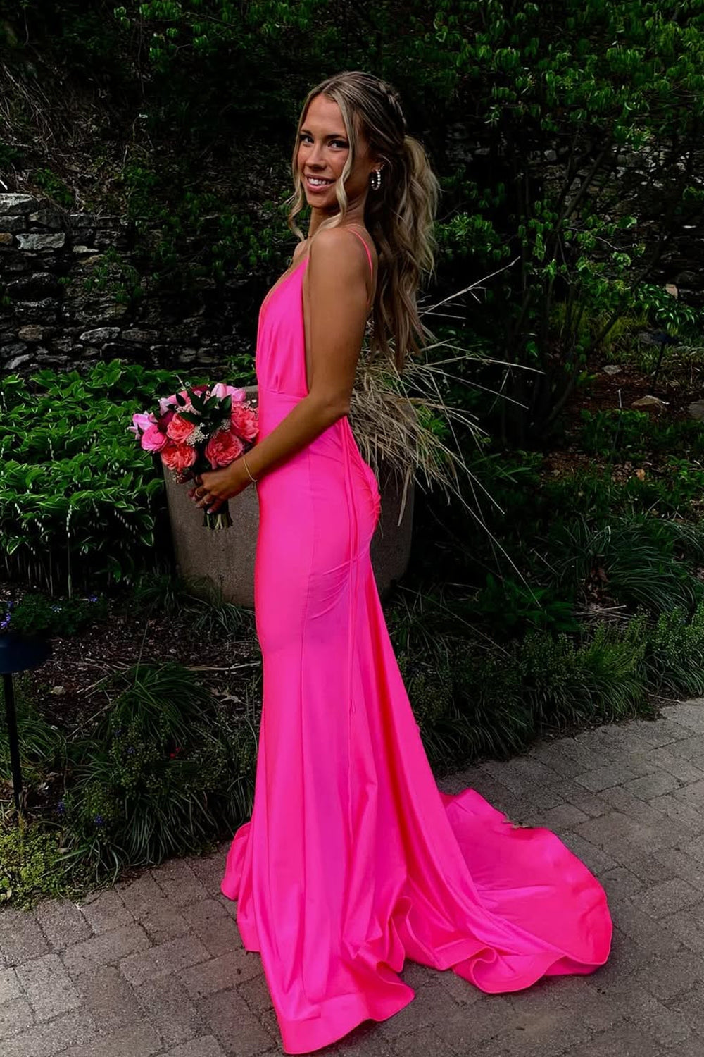 Mermaid V Neck Pink Satin Prom Dresses