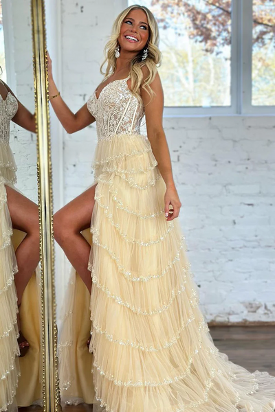 Champagne A-Line Sweetheart Tulle Prom Dresses with Appliques,BD93099