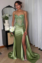 Stunning Mermaid Spaghetti Straps Long Glitter Satin Prom Dresses
