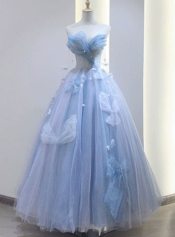 Blue Tulle Off the Shoulder Butterfly A Line Prom Dresses