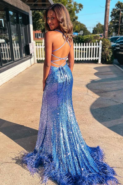Blue Sequin Feather Lace-Up Back Long Mermaid Prom Dresses,BD93130