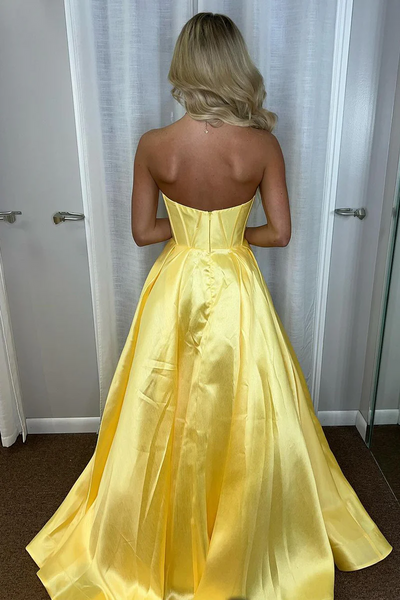 Yellow Sweetheart Satin Long A-Line Prom Dresses,BD93312