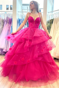 Hot Pink Tiered Tulle Long Sweetheart Prom Dresses with Appliques,BD93195