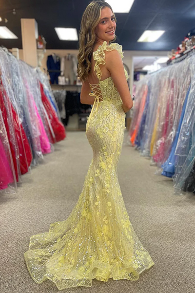 Yellow Floral Sweetheart Lace Long Mermaid Prom Dresses,BD930850