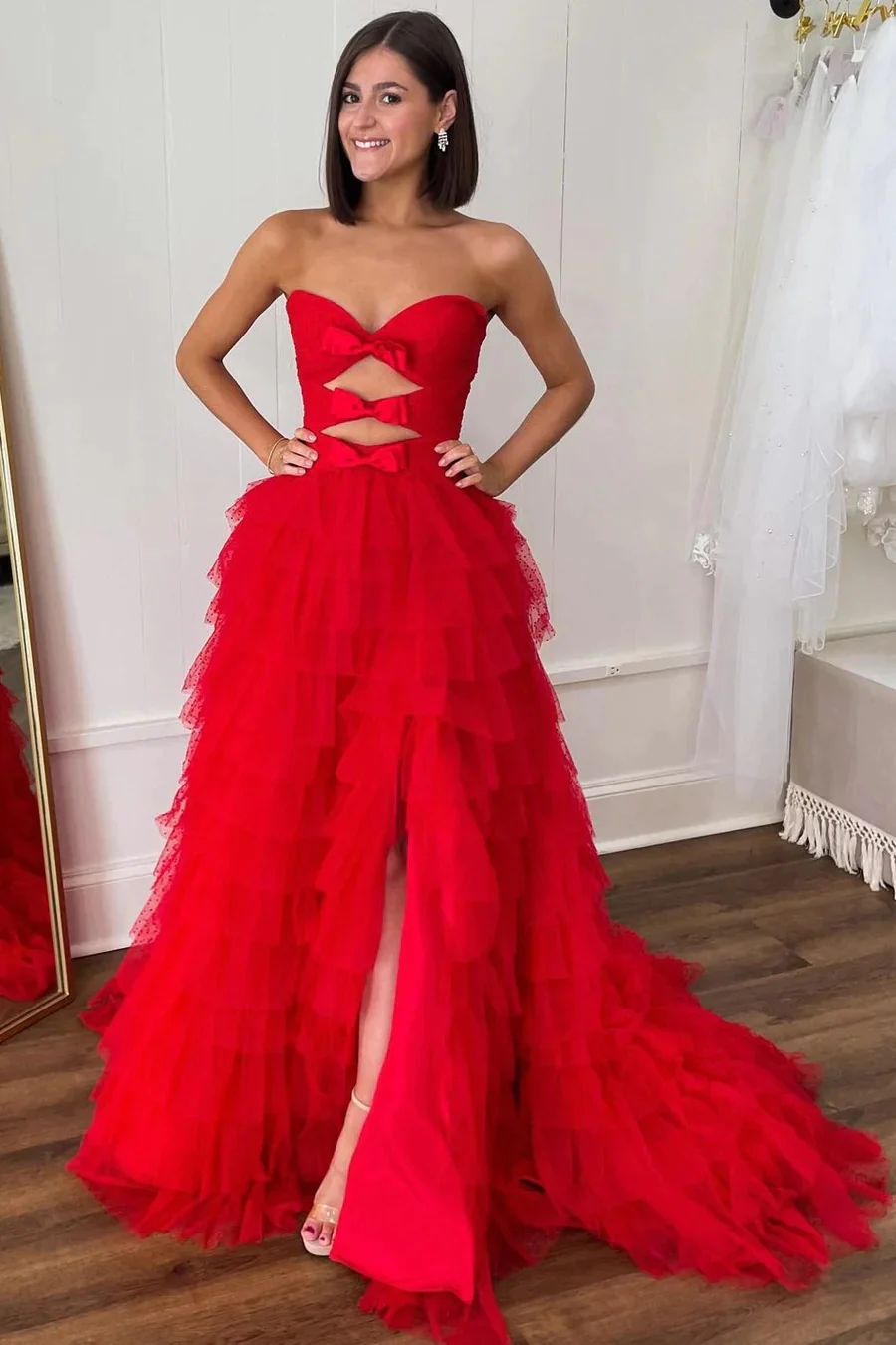 Polka Dot Strapless Ruffle Tiered Prom dresses with Keyholes