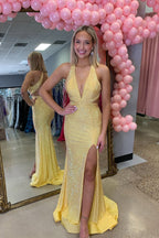 Mermaid Halter Long Yellow Beads Prom Dresses
