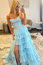 A Line Scoop Neck Chiffon Tiered Long Prom Dresses