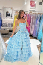 Chiffon A Line Scoop Neck Light BlueTiered Prom Dresses