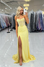 Mermaid Strapless Yellow Satin Corset Long Prom Dress