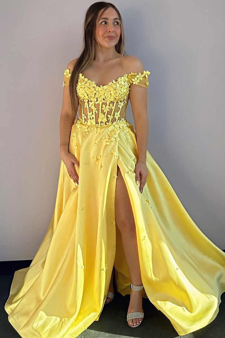 A-Line Off the Shoulder Yellow Satin Long Prom Dresses