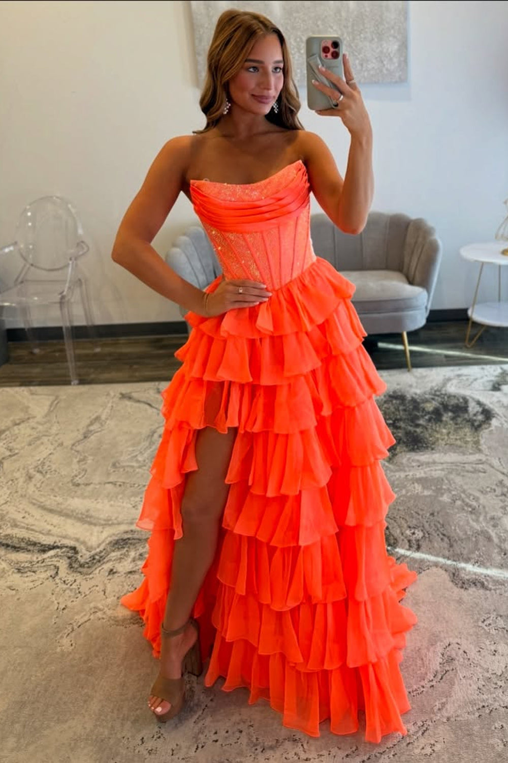 A Line Scoop Neck Orange Chiffon Tiered Prom Dresses