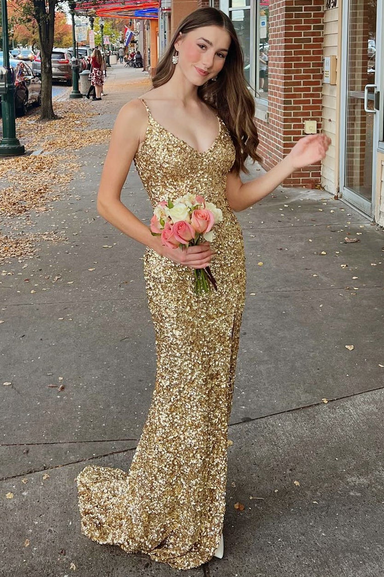 Gold Sequin Backless Mermaid V-Neck Long Formal Dresses – luladress