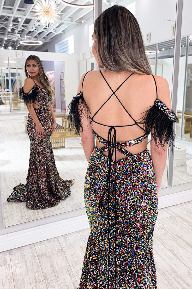 iridescent sequin mermaid dress Purple Iridescent Sequin Feather Cold-Shoulder Cutout Mermaid Prom Dre –  luladress