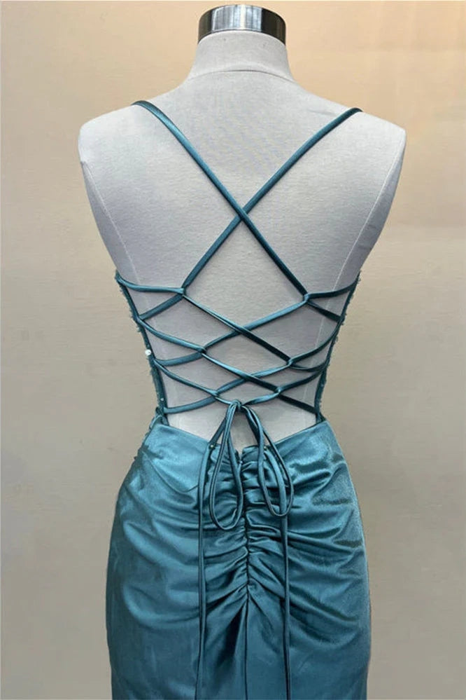 Hot Mermaid Spaghetti Straps Green Satin Long Prom Dresses