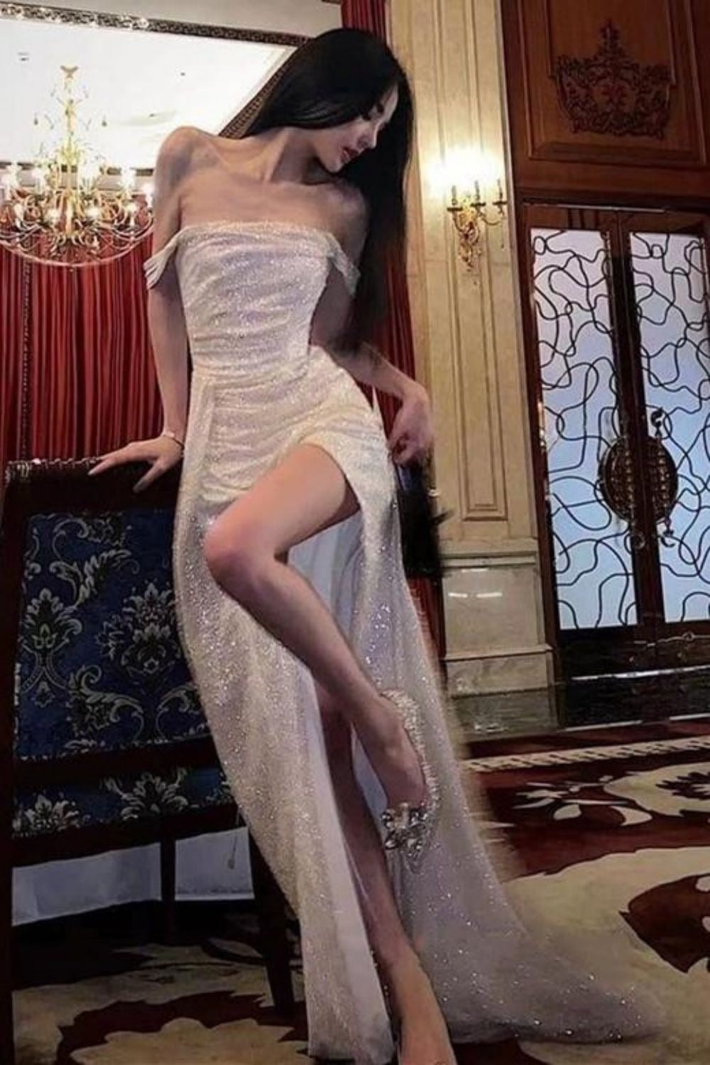 Mermaid Off the Shoulder Silver Sequins Long Prom Dresses