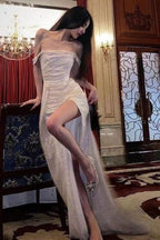 Mermaid Off the Shoulder Silver Sequins Long Prom Dresses