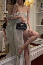 Mermaid Off the Shoulder Silver Sequins Long Prom Dresses