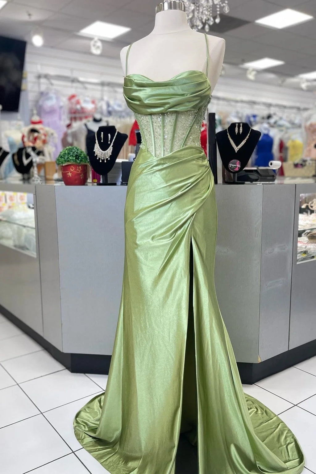 Hot Mermaid Spaghetti Straps Green Satin Long Prom Dresses