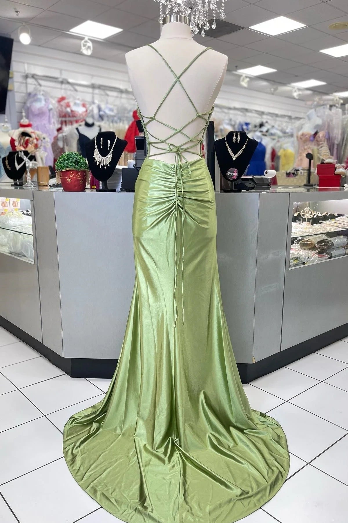 Hot Mermaid Spaghetti Straps Green Satin Long Prom Dresses