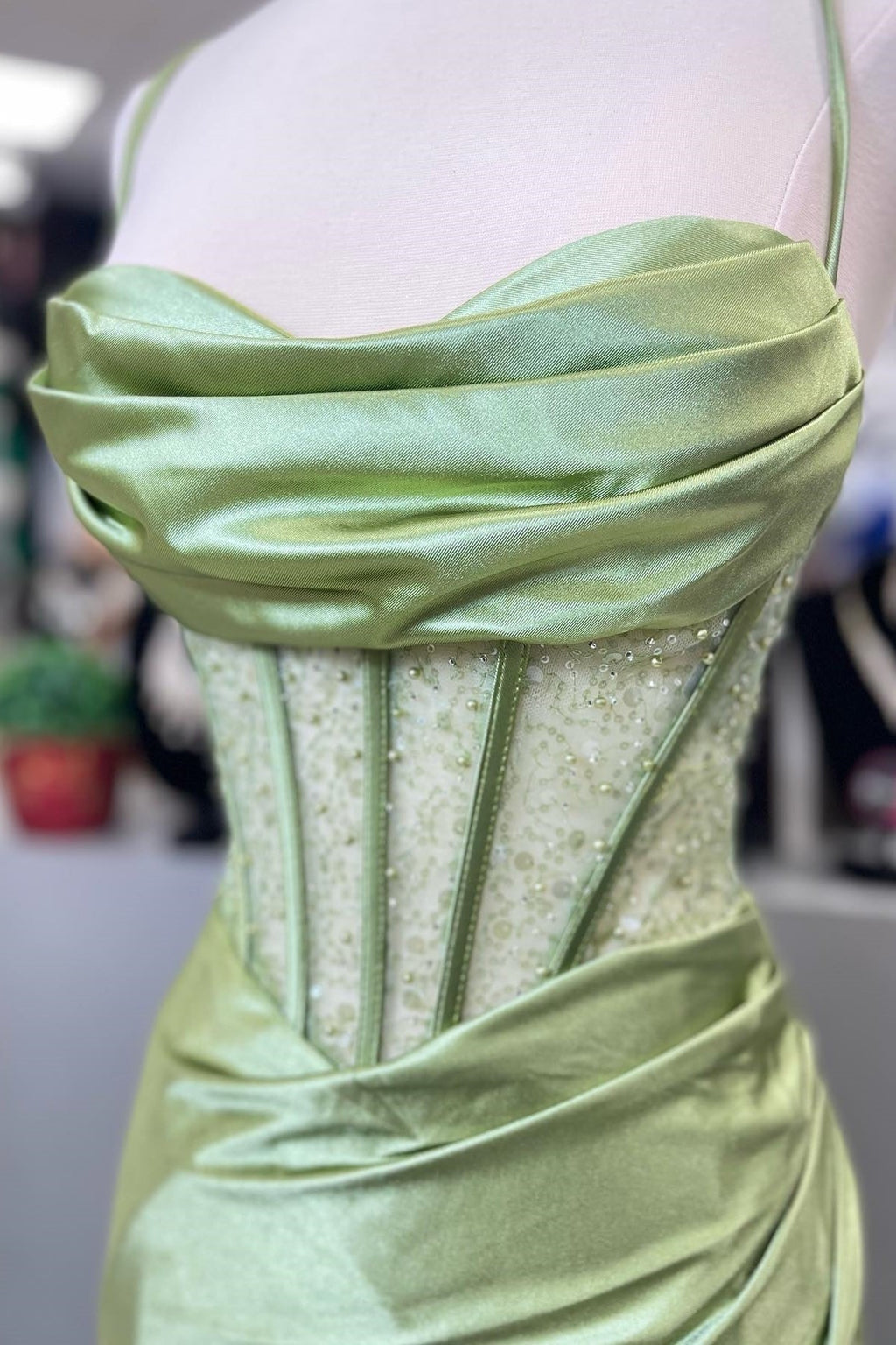 Hot Mermaid Spaghetti Straps Green Satin Long Prom Dresses